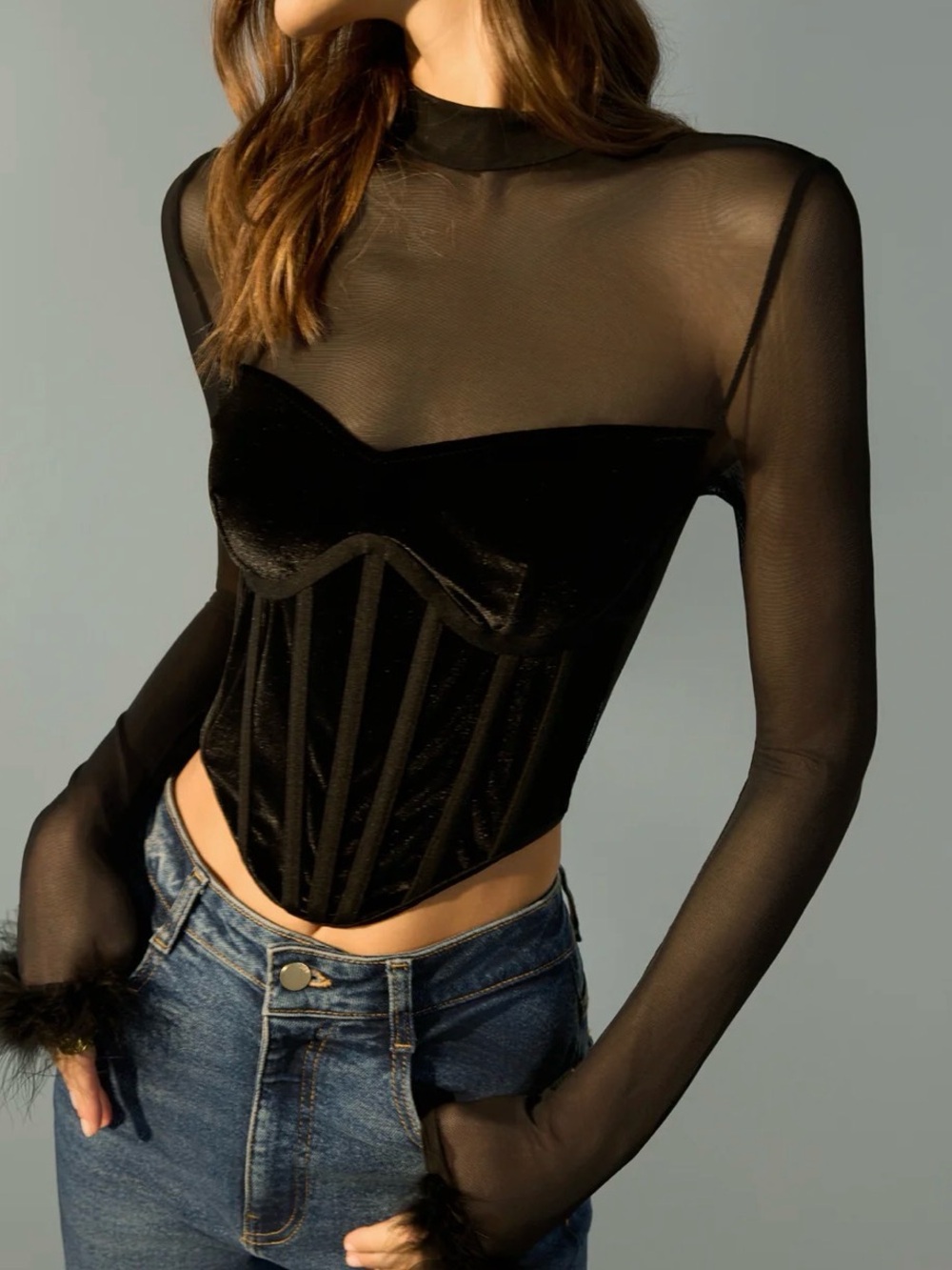 Commense Black Sheer Velvet Corset Camisole